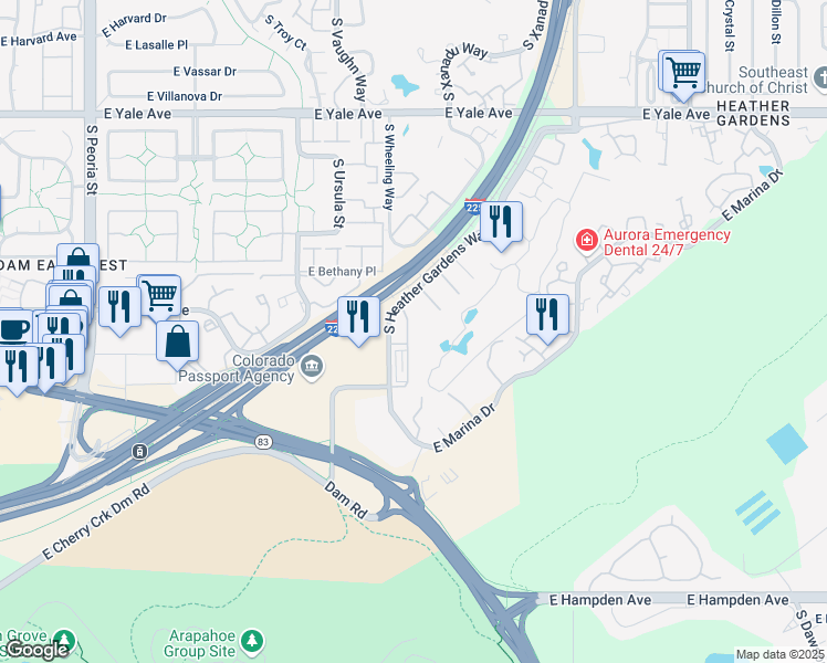 map of restaurants, bars, coffee shops, grocery stores, and more near 10070 East Dartmouth Avenue in Aurora