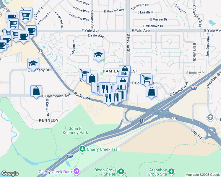 map of restaurants, bars, coffee shops, grocery stores, and more near 11900 East Cornell Avenue in Aurora