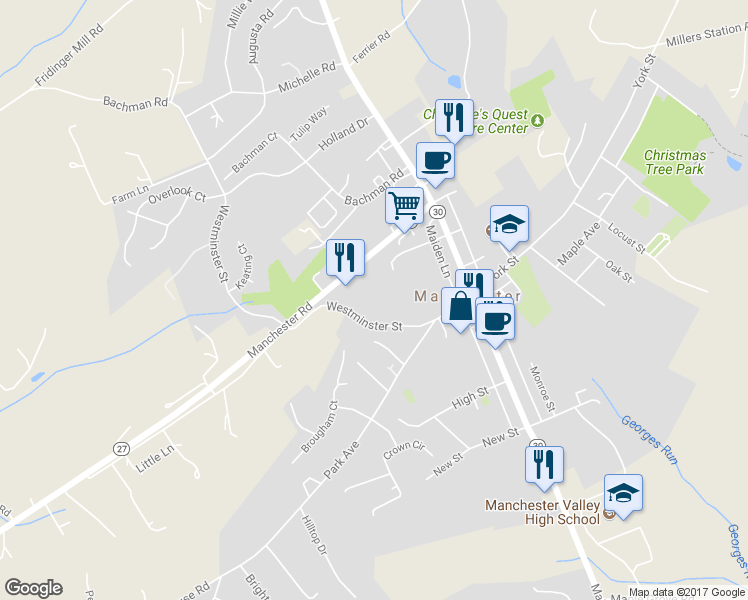 map of restaurants, bars, coffee shops, grocery stores, and more near 2975B Manchester Road in Manchester
