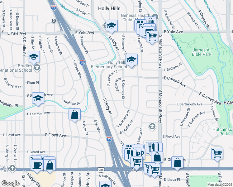 map of restaurants, bars, coffee shops, grocery stores, and more near 3061 Robin Way in Denver