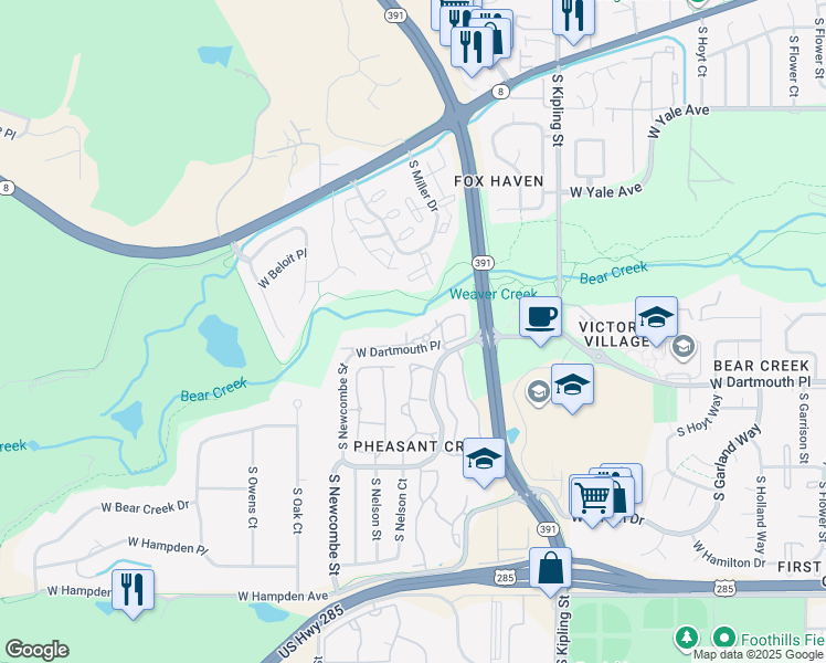 map of restaurants, bars, coffee shops, grocery stores, and more near 10119 West Dartmouth Place in Denver