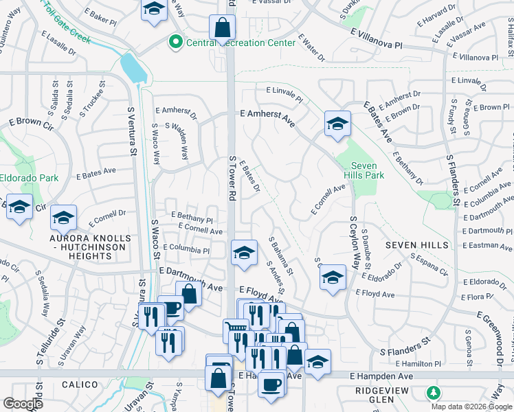 map of restaurants, bars, coffee shops, grocery stores, and more near 18554 East Bethany Place in Aurora
