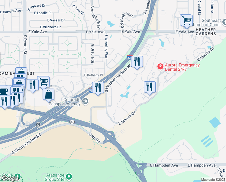 map of restaurants, bars, coffee shops, grocery stores, and more near 10070 East Dartmouth Avenue in Aurora