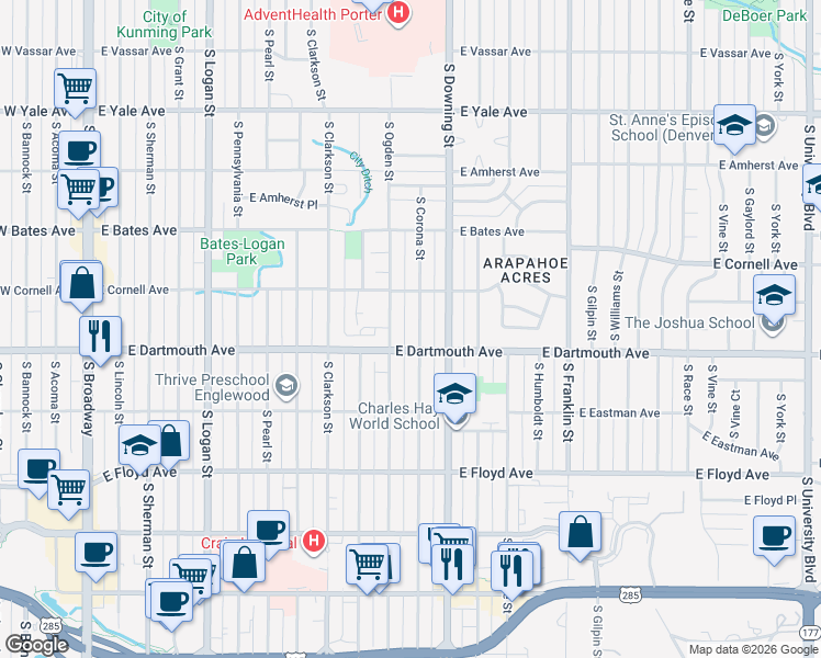 map of restaurants, bars, coffee shops, grocery stores, and more near 3040 South Corona Street in Englewood