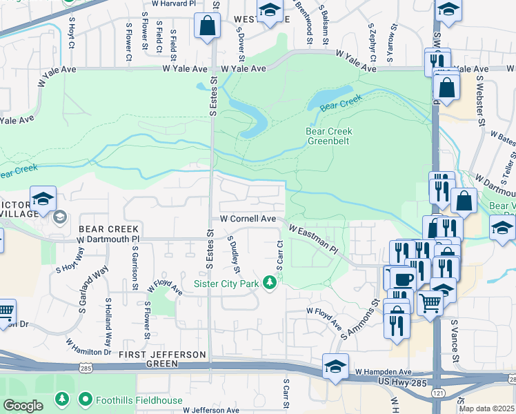 map of restaurants, bars, coffee shops, grocery stores, and more near 8757 West Cornell Avenue in Lakewood