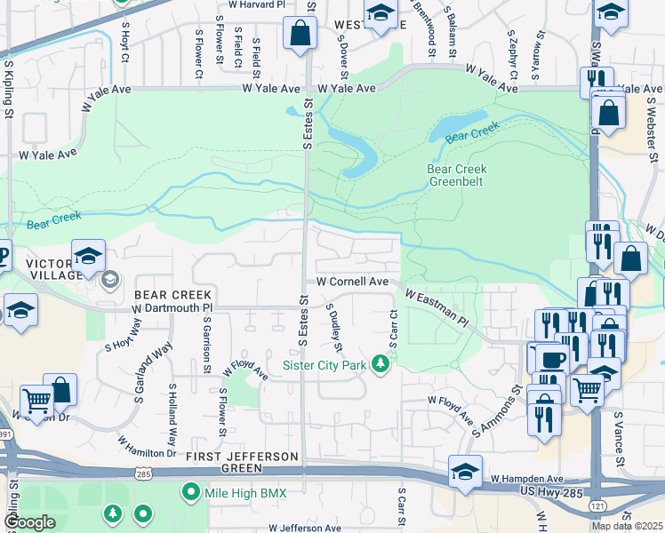 map of restaurants, bars, coffee shops, grocery stores, and more near 8763 West Cornell Avenue in Lakewood