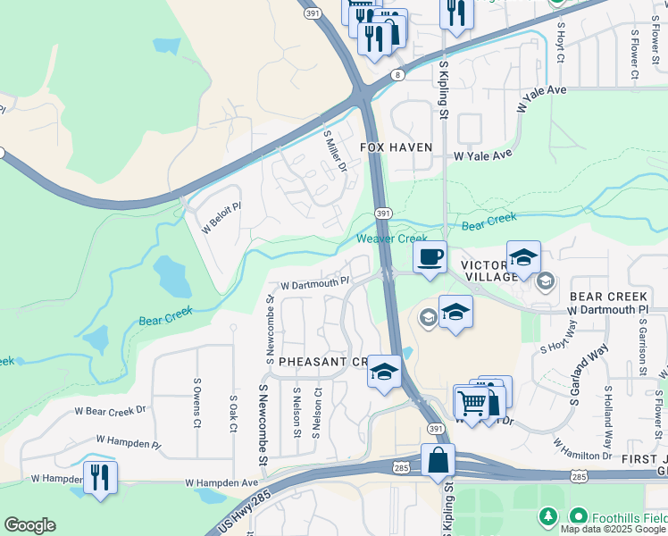 map of restaurants, bars, coffee shops, grocery stores, and more near 10119 West Dartmouth Place in Lakewood