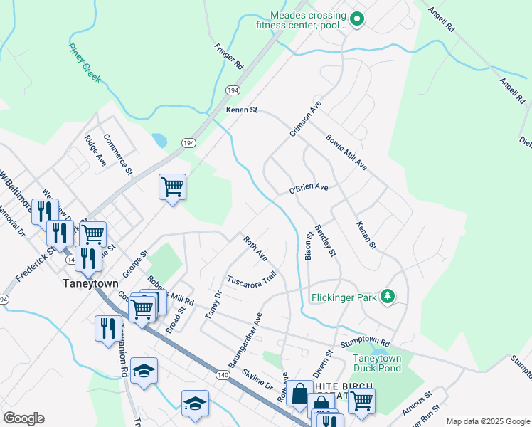 map of restaurants, bars, coffee shops, grocery stores, and more near 39 O'Brien Avenue in Taneytown