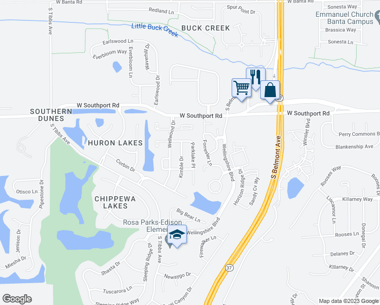 map of restaurants, bars, coffee shops, grocery stores, and more near 7138 Parklake Place in Indianapolis