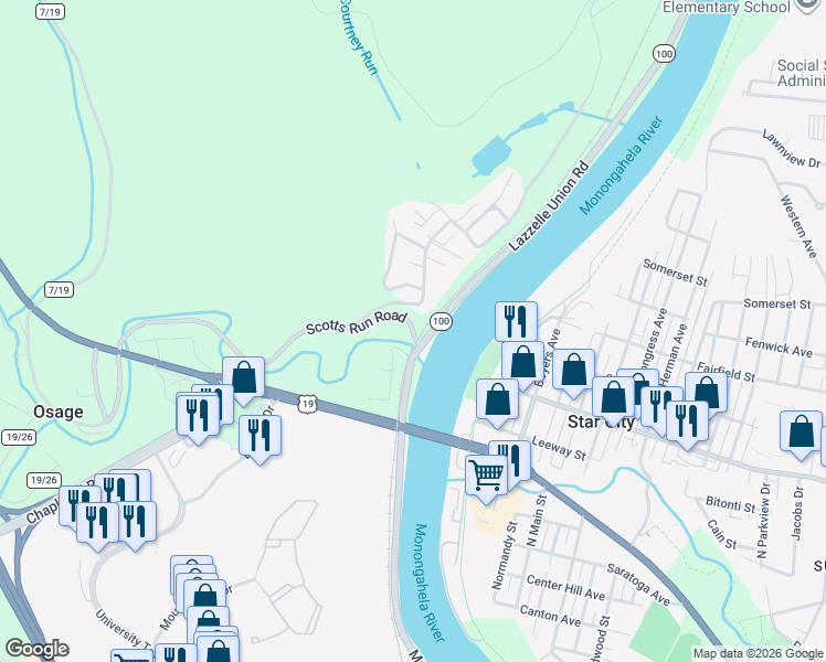 map of restaurants, bars, coffee shops, grocery stores, and more near 51 Scotts Run Road in Maidsville