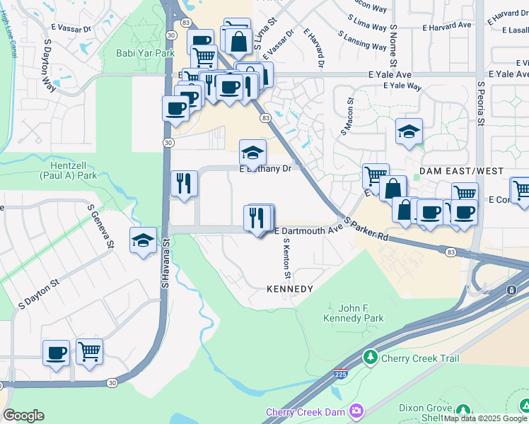 map of restaurants, bars, coffee shops, grocery stores, and more near 3025 South Parker Road in Aurora