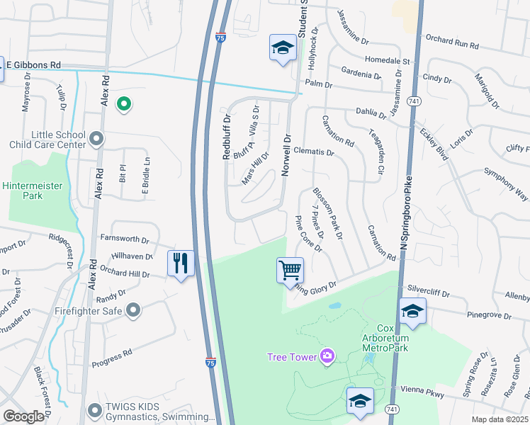map of restaurants, bars, coffee shops, grocery stores, and more near 1320 Camp Hill Way in West Carrollton
