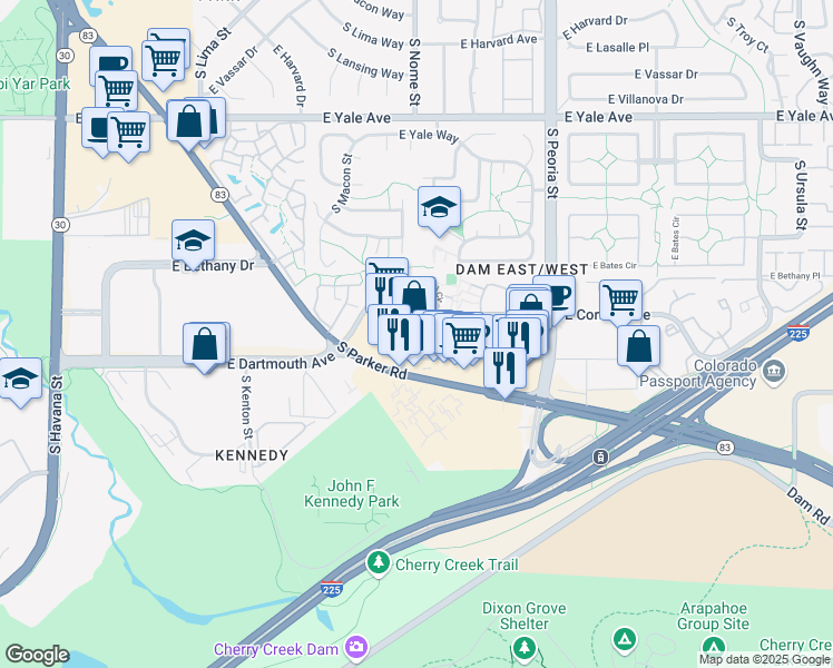 map of restaurants, bars, coffee shops, grocery stores, and more near 3106 South Parker Road in Aurora