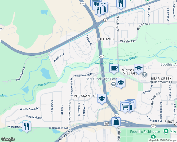 map of restaurants, bars, coffee shops, grocery stores, and more near 10117 West Dartmouth Place in Lakewood