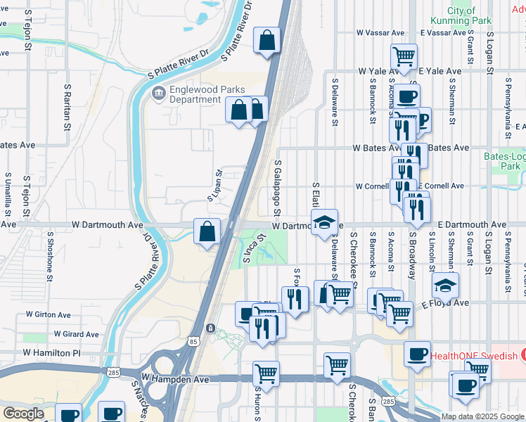 map of restaurants, bars, coffee shops, grocery stores, and more near 775 West Dartmouth Avenue in Englewood