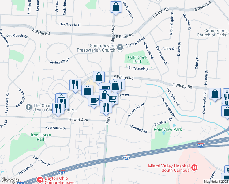 map of restaurants, bars, coffee shops, grocery stores, and more near 2205 Andrew Road in Dayton