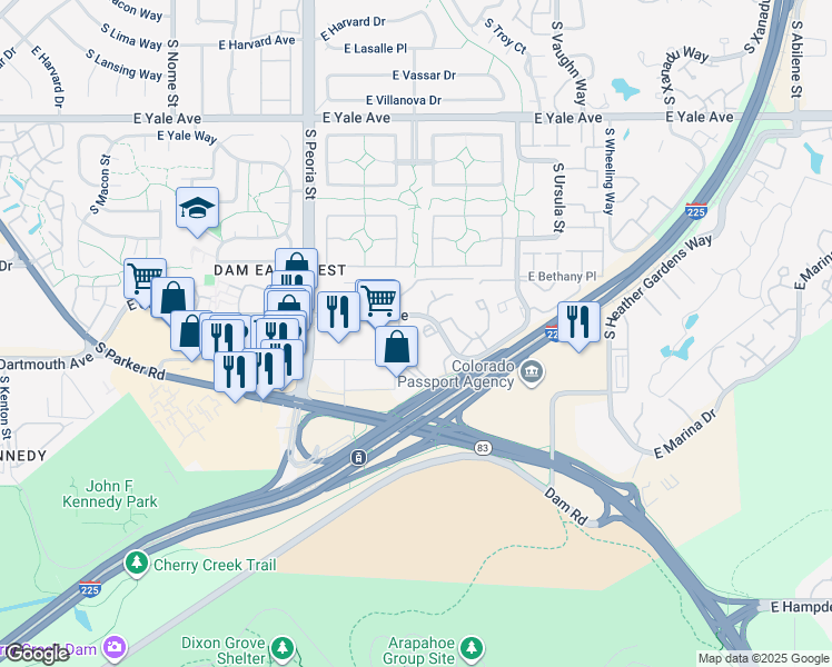 map of restaurants, bars, coffee shops, grocery stores, and more near 12470 East Cornell Avenue in Aurora