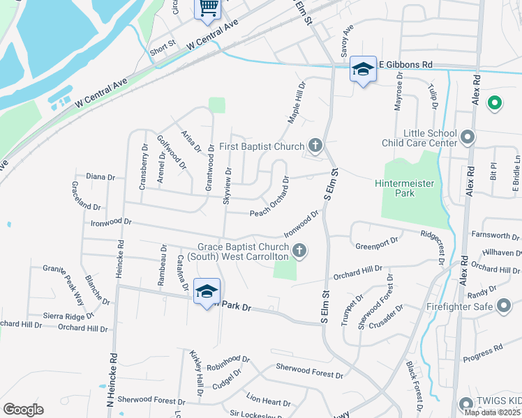 map of restaurants, bars, coffee shops, grocery stores, and more near 706 Cherry Blossom Drive in Dayton