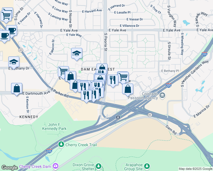 map of restaurants, bars, coffee shops, grocery stores, and more near 3050 South Peoria Street in Aurora