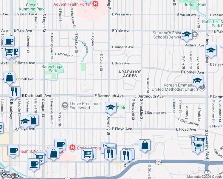 map of restaurants, bars, coffee shops, grocery stores, and more near 3046 South Downing Street in Englewood