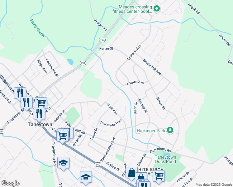 map of restaurants, bars, coffee shops, grocery stores, and more near 39 O'Brien Avenue in Taneytown