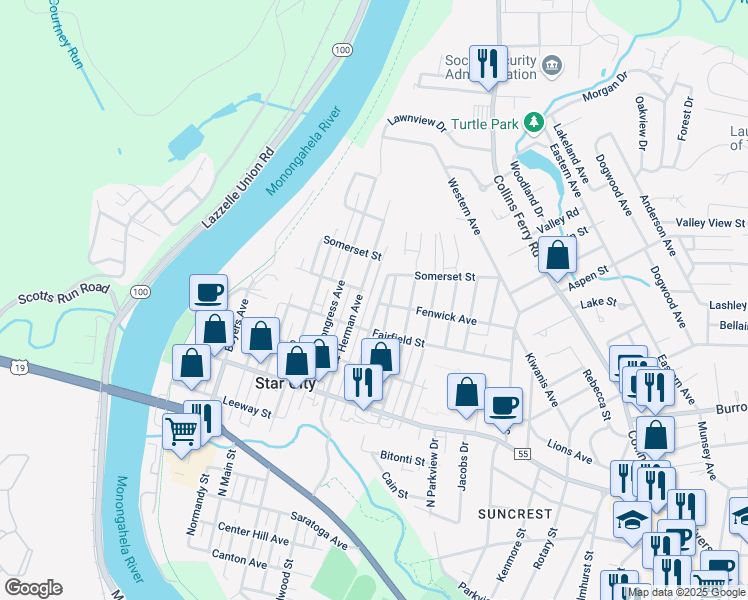map of restaurants, bars, coffee shops, grocery stores, and more near 529-537 Herman Avenue in Star City