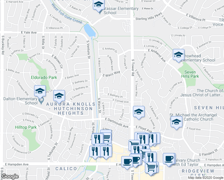 map of restaurants, bars, coffee shops, grocery stores, and more near 2961 South Yampa Court in Aurora