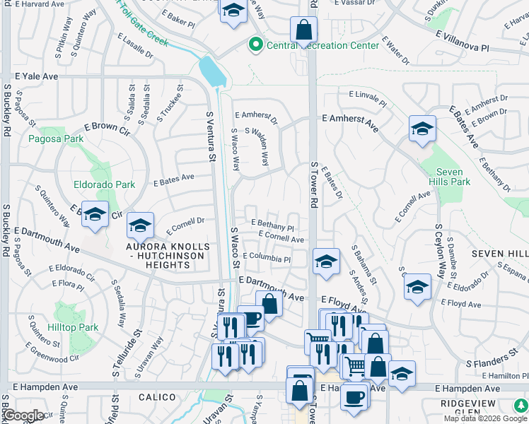 map of restaurants, bars, coffee shops, grocery stores, and more near 2961 South Yampa Court in Aurora