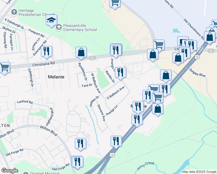map of restaurants, bars, coffee shops, grocery stores, and more near 72 Holden Drive in New Castle