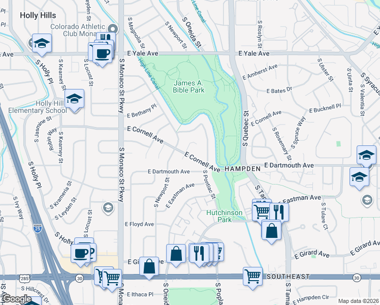 map of restaurants, bars, coffee shops, grocery stores, and more near 2986 South Oneida Street in Denver
