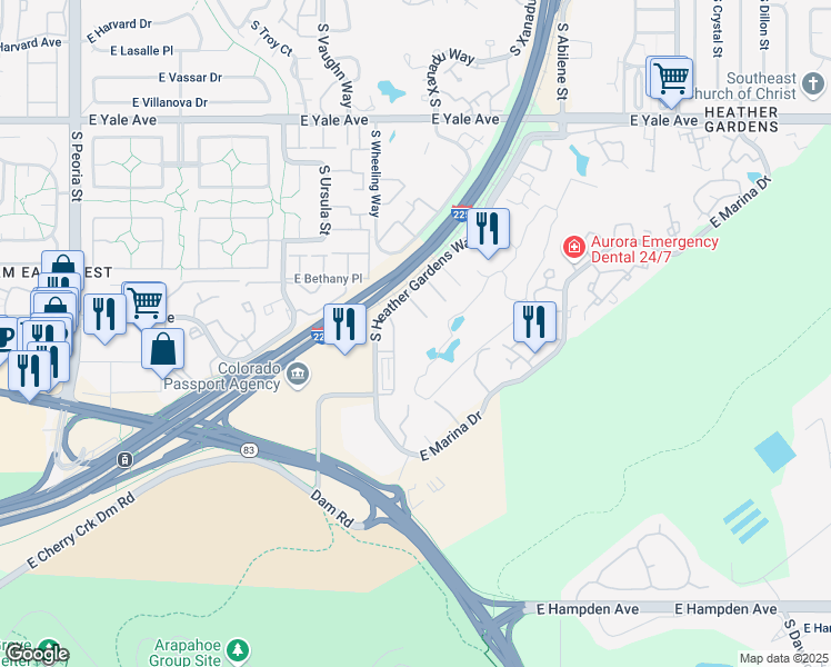 map of restaurants, bars, coffee shops, grocery stores, and more near 13609 East Cornell Avenue in Aurora