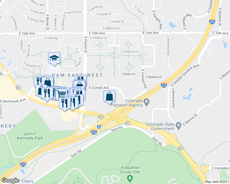 map of restaurants, bars, coffee shops, grocery stores, and more near 12501 East Cornell Circle in Aurora