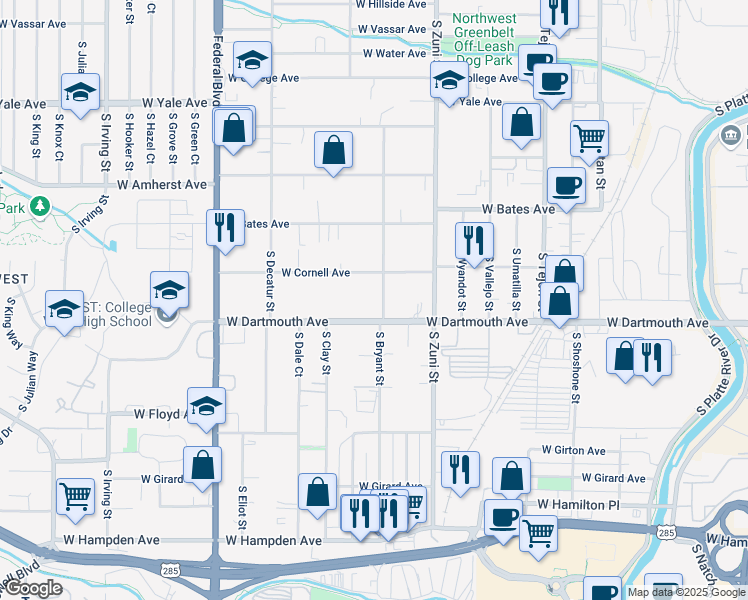 map of restaurants, bars, coffee shops, grocery stores, and more near 3061 South Bryant Street in Denver