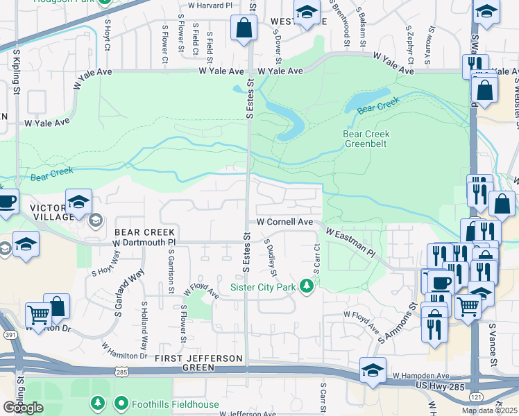 map of restaurants, bars, coffee shops, grocery stores, and more near 8763 West Cornell Avenue in Lakewood