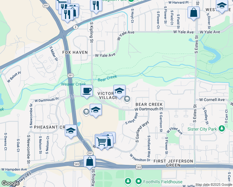 map of restaurants, bars, coffee shops, grocery stores, and more near 9753 West Cornell Place in Lakewood
