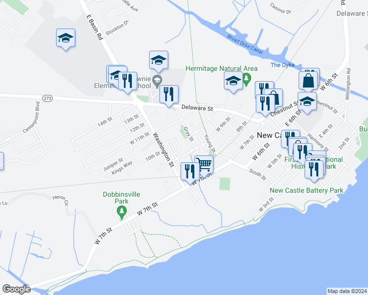 map of restaurants, bars, coffee shops, grocery stores, and more near 914 Gray Street in New Castle