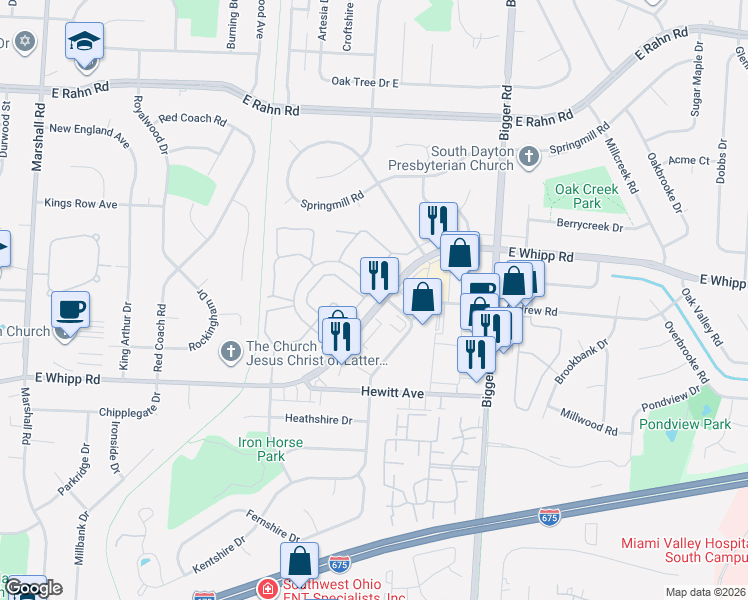 map of restaurants, bars, coffee shops, grocery stores, and more near 2020 Chimney Lane in Dayton
