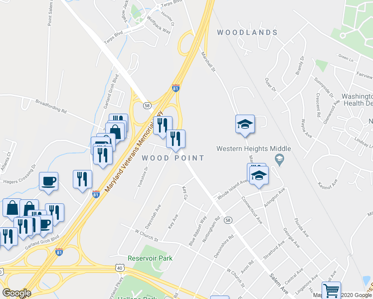 map of restaurants, bars, coffee shops, grocery stores, and more near 1428 Salem Avenue in Hagerstown