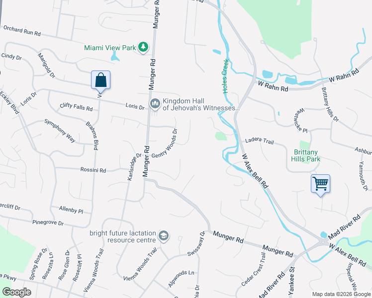 map of restaurants, bars, coffee shops, grocery stores, and more near 6140 Edna Oaks Court in Dayton