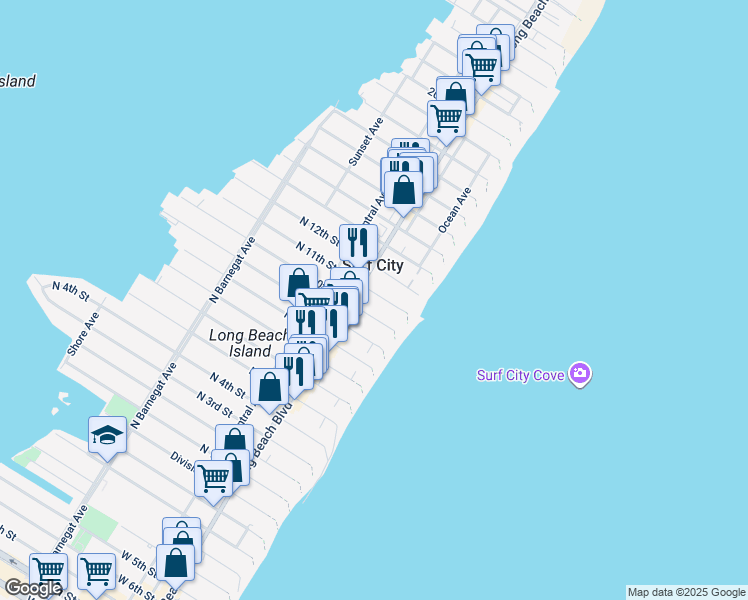 map of restaurants, bars, coffee shops, grocery stores, and more near 36 North 11th Street in Surf City