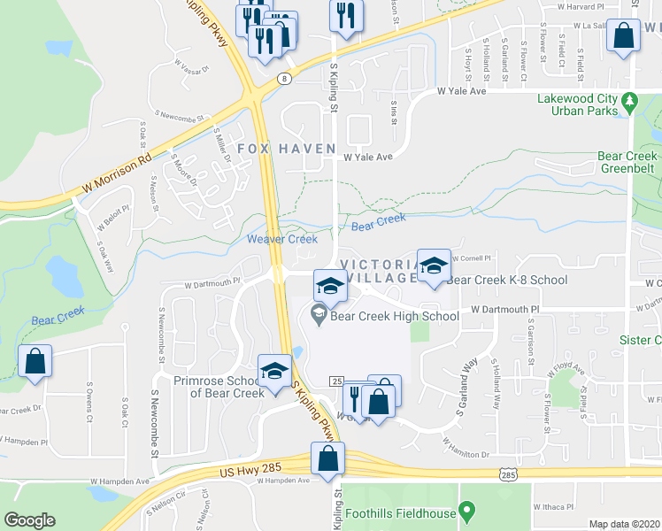 map of restaurants, bars, coffee shops, grocery stores, and more near 5775 West Dartmouth Avenue in Lakewood