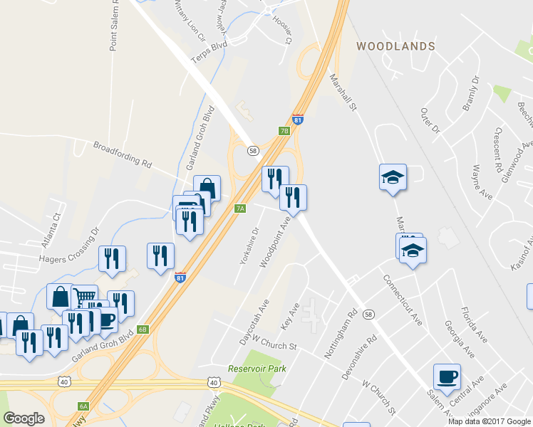 map of restaurants, bars, coffee shops, grocery stores, and more near 392 Yorkshire Drive in Hagerstown
