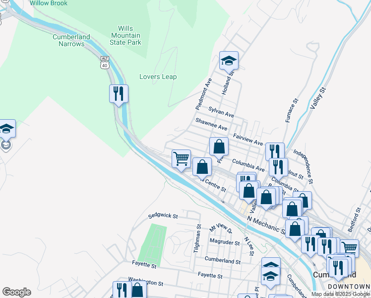 map of restaurants, bars, coffee shops, grocery stores, and more near 841 Columbia Avenue in Cumberland