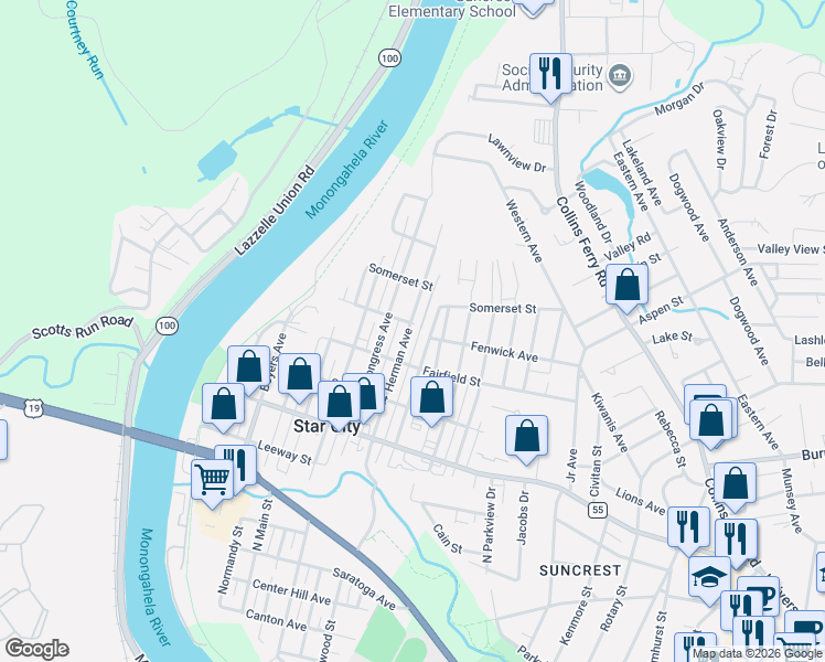 map of restaurants, bars, coffee shops, grocery stores, and more near 529-537 Herman Avenue in Star City