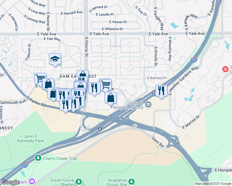 map of restaurants, bars, coffee shops, grocery stores, and more near 12501 East Cornell Circle in Aurora