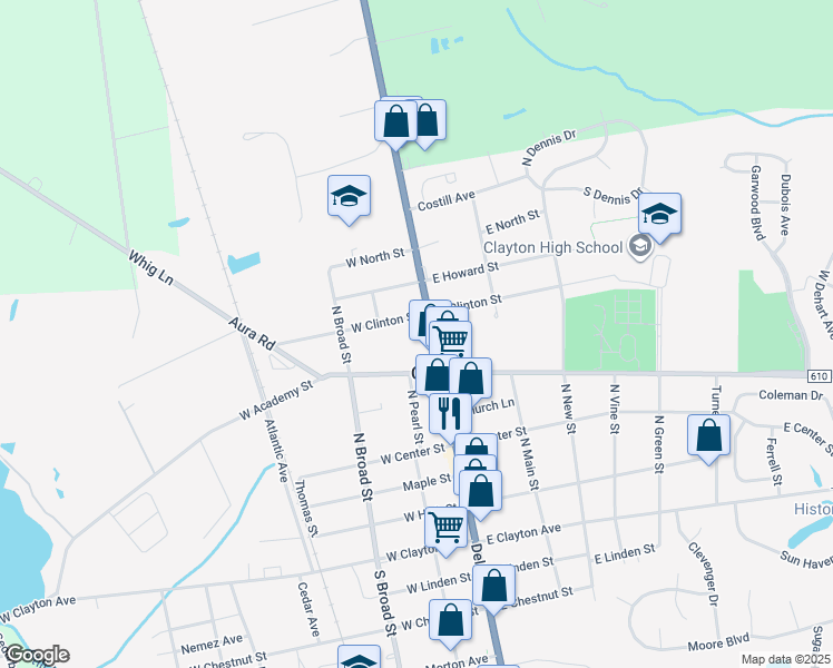 map of restaurants, bars, coffee shops, grocery stores, and more near 454 North Delsea Drive in Clayton