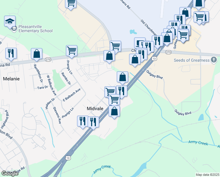 map of restaurants, bars, coffee shops, grocery stores, and more near 106 6th Avenue in New Castle