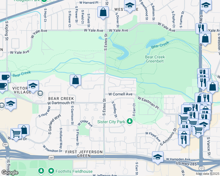 map of restaurants, bars, coffee shops, grocery stores, and more near 8763 West Cornell Avenue in Lakewood