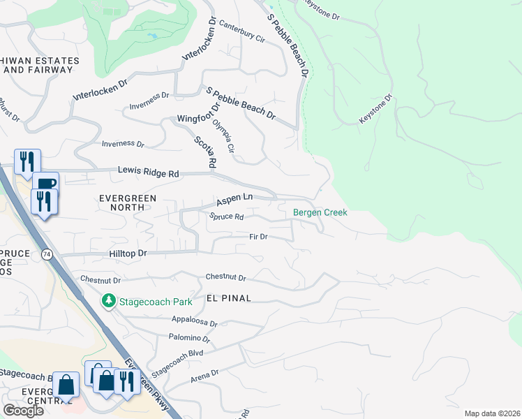 map of restaurants, bars, coffee shops, grocery stores, and more near 29895 Spruce Road in Evergreen