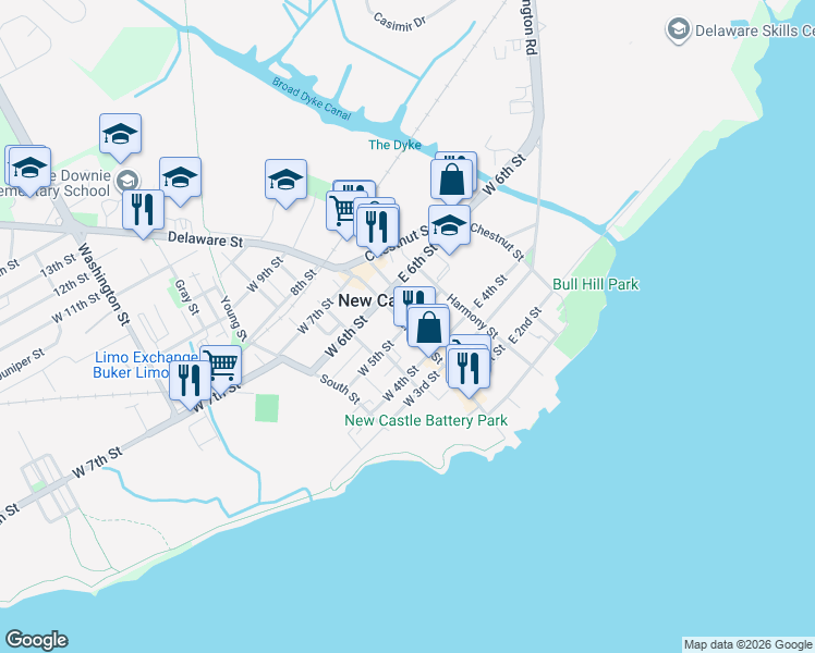 map of restaurants, bars, coffee shops, grocery stores, and more near 2 East 5th Street in New Castle